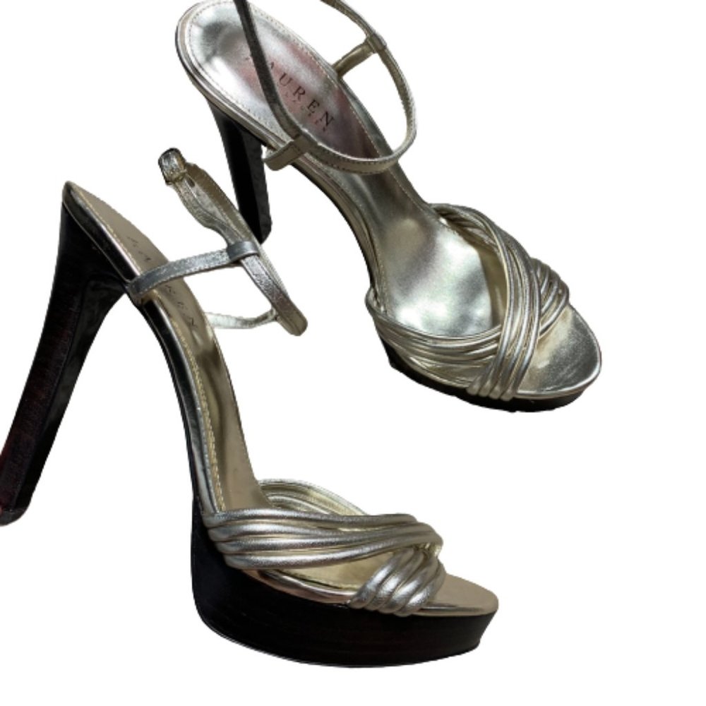 Ralph Lauren Freida Metallic Silver Brown Strappy Platform Heels Sandals Size 10
